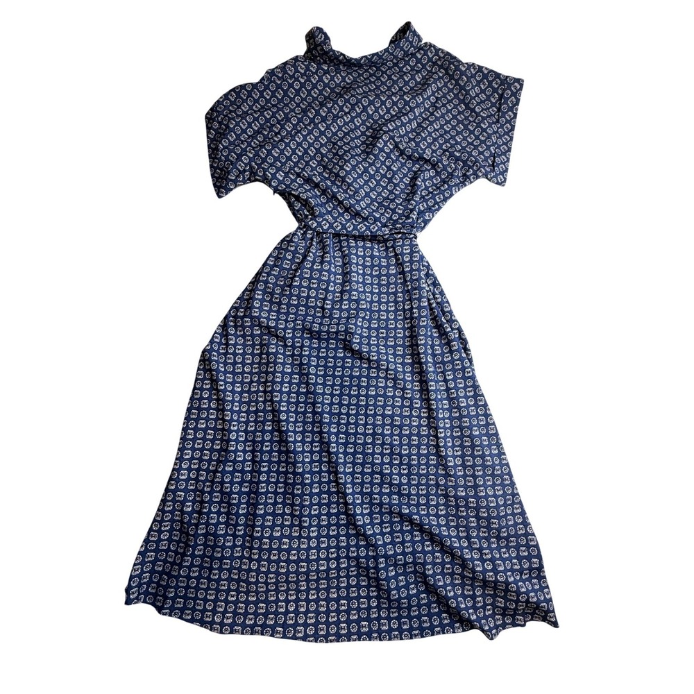 Lauren Ralph Lauren Blue Geometric Print Mock Neck Belted Midi Dress 10-2484 - Picture 2 of 9